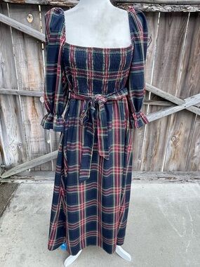 Cupshe Navy and Red Plaid Square-Neck Maxi Dress with Belt
